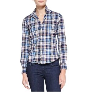 Frank & Eileen Berry Plaid Linen-Cotton Shirt Blue Multi Size Small